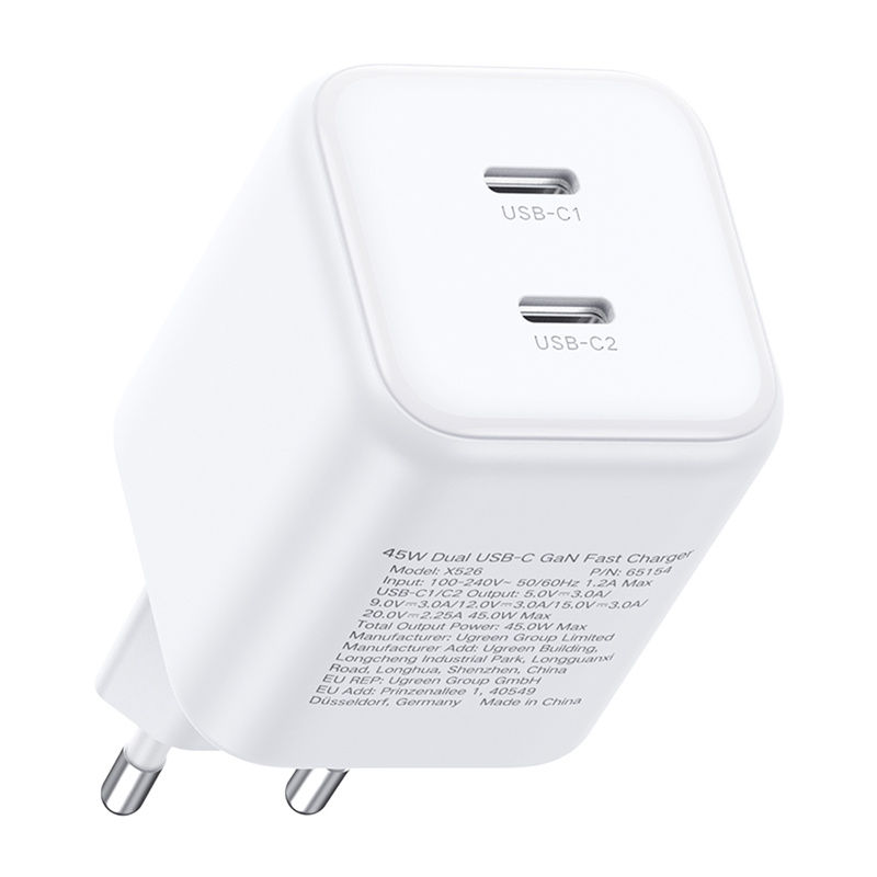 Ładowarka sieciowa Ugreen X526, 45W, GaN, 2x USB-C (biała)