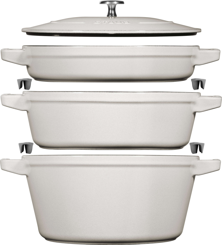  Set of 3 Staub cast iron cookware with lid - 24 cm, white truffle