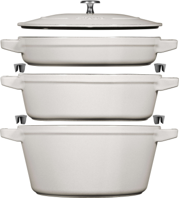  Set of 3 Staub cast iron cookware with lid - 24 cm, white truffle