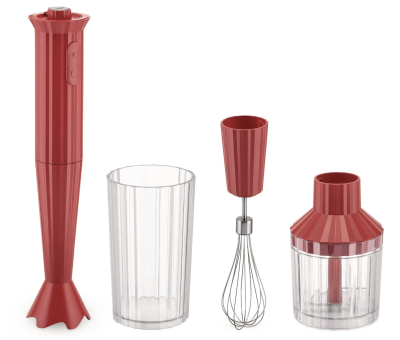 Hand blender with a set of Alessi Plisse accessories, red
