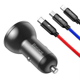 Ładowarka samochodowa Baseus z wyświetlaczem 24W + kabel USB 3w1 Baseus Three Primary Colors 1,2m - 2
