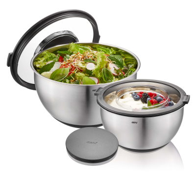  Set of 2 Gefu Muovo steel kitchen bowls with lids