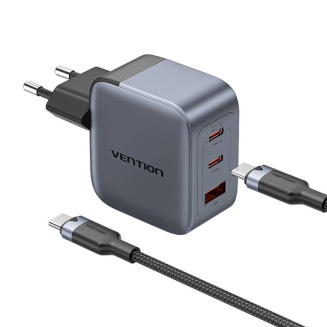 Ładowarka GaN Vention USB-C+C+A 70W + Kabel USB-C-C 1m (Szara) - 2