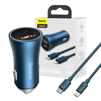Ładowarka samochodowa Baseus Golden Contactor Pro, USB + USB-C, QC4.0+, PD, SCP, 40W (niebieska) + kabel USB-C do Lightning 1m (niebieski) - 10