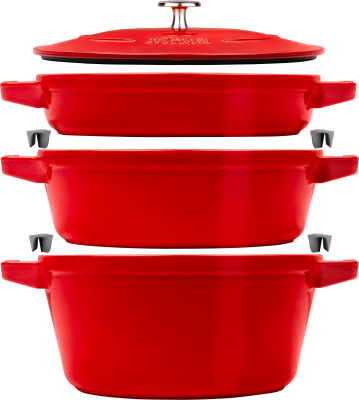  Set of 3 Staub cast iron cookware with lid - 24 cm, Red