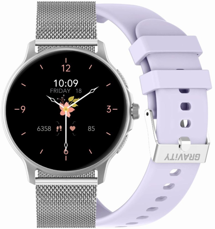 Smartwatch Damski GRAVITY GT12-6 Fioletowy Pasek Silikonowy + Srebrna Bransoleta