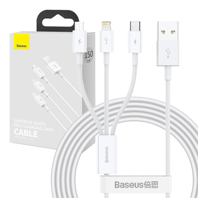 Kabel USB 3w1 Baseus Superior Series, USB do micro USB / USB-C / Lightning, 3.5A, 1.5m (biały)