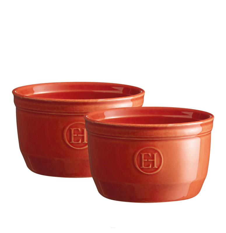  Set of two Emile Henry N°10 red ramekin baking bowls