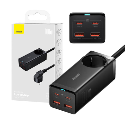 Ładowarka sieciowa / listwa zasilająca Baseus GaN3 Pro 2x USB + 2xUSB-C + AC, 100W (czarna)