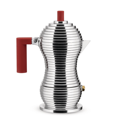 Alessi Pulcina coffee maker for 1 cup with a red handle